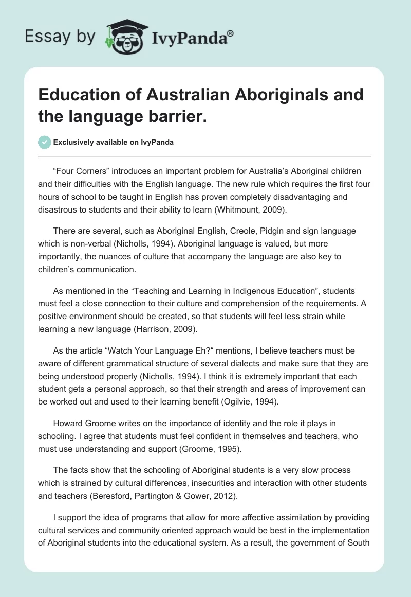 Education of Australian Aboriginals and the language barrier.. Page 1