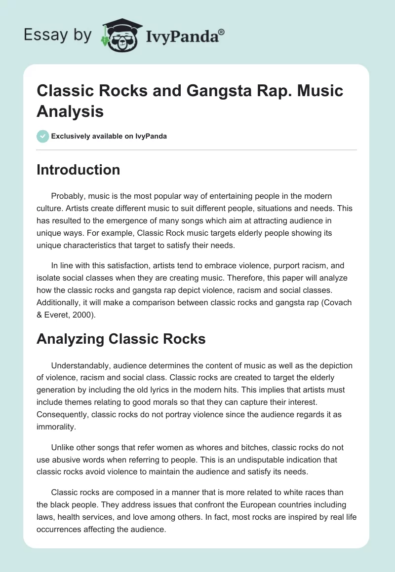 Classic Rocks and Gangsta Rap. Music Analysis. Page 1
