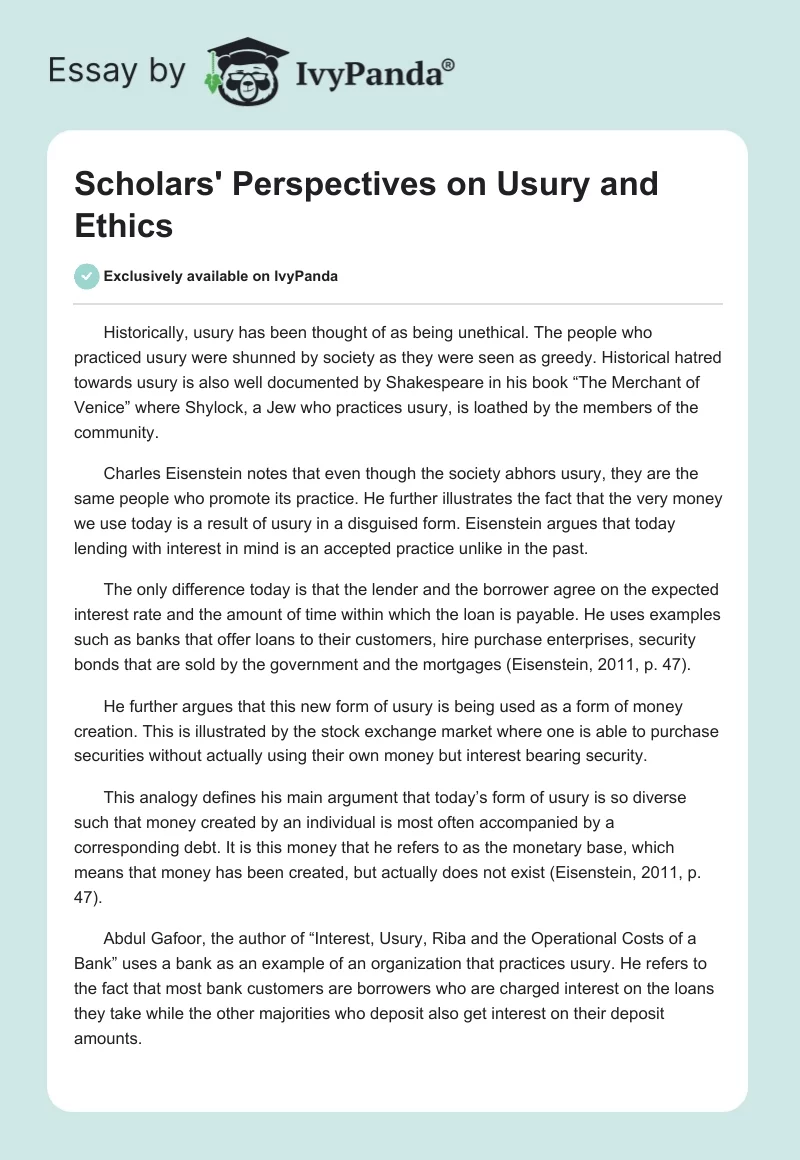 Scholars' Perspectives on Usury and Ethics. Page 1