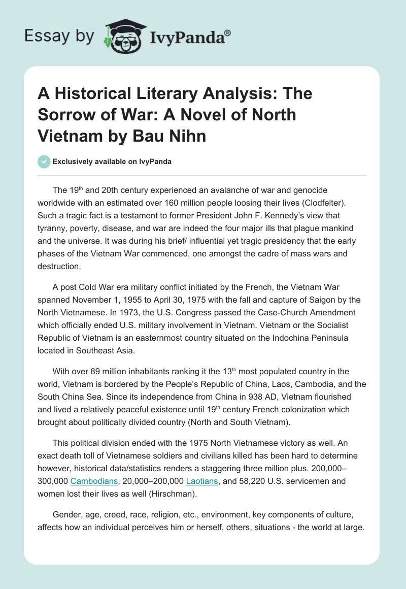 A Historical Literary Analysis: The Sorrow of War: A Novel of North Vietnam by Bau Nihn. Page 1