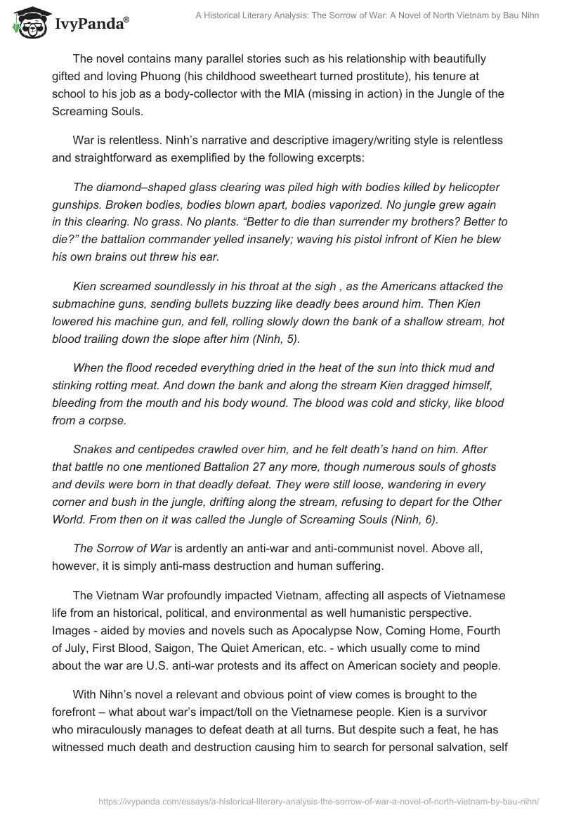 A Historical Literary Analysis: The Sorrow of War: A Novel of North Vietnam by Bau Nihn. Page 3
