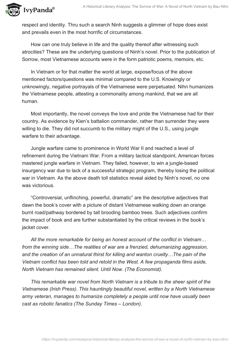 A Historical Literary Analysis: The Sorrow of War: A Novel of North Vietnam by Bau Nihn. Page 4