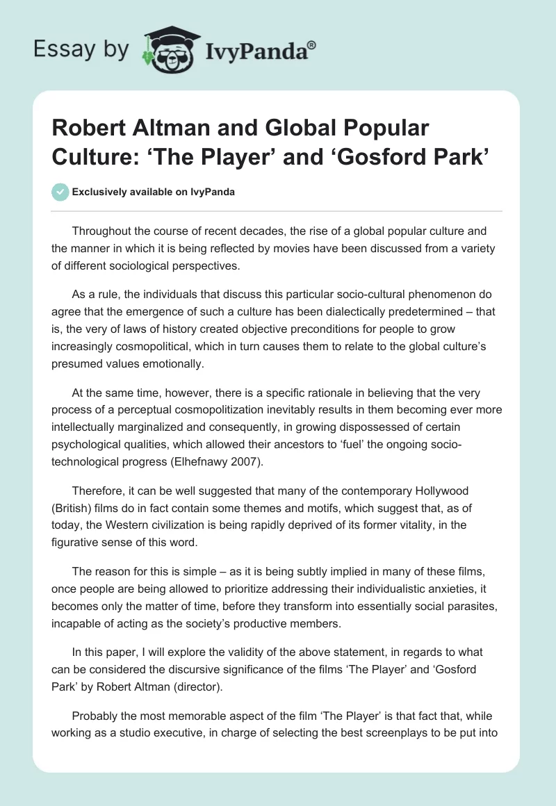 Robert Altman and Global Popular Culture: ‘The Player’ and ‘Gosford Park’. Page 1