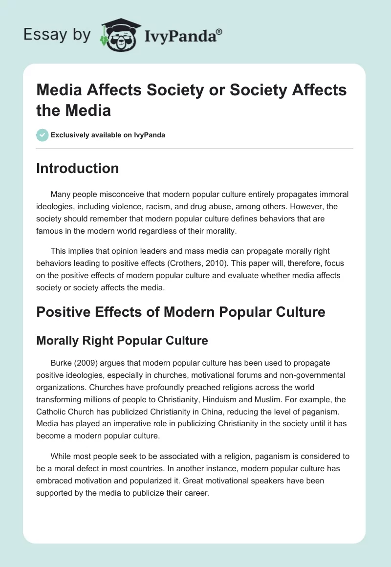 Media Affects Society or Society Affects the Media. Page 1