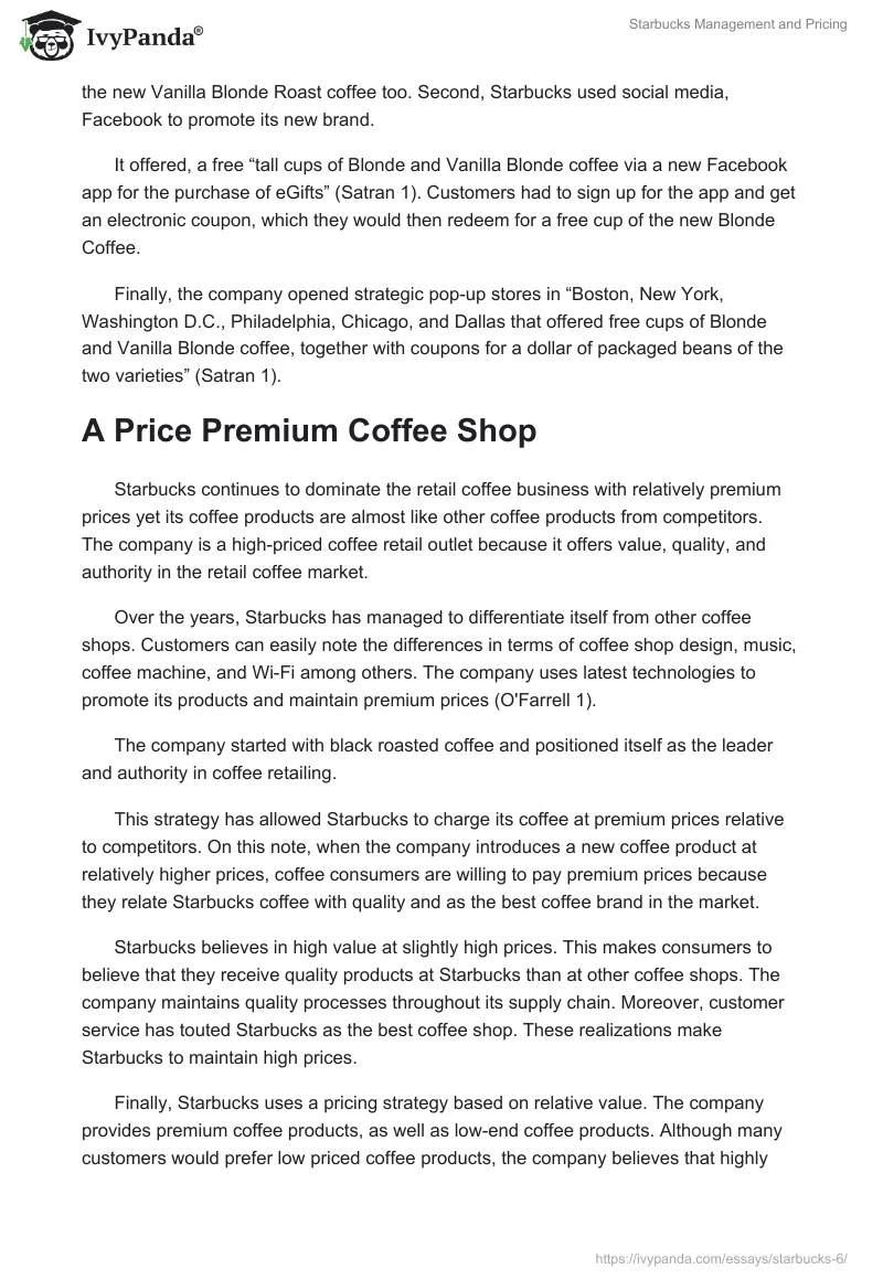 Starbucks Management and Pricing. Page 2