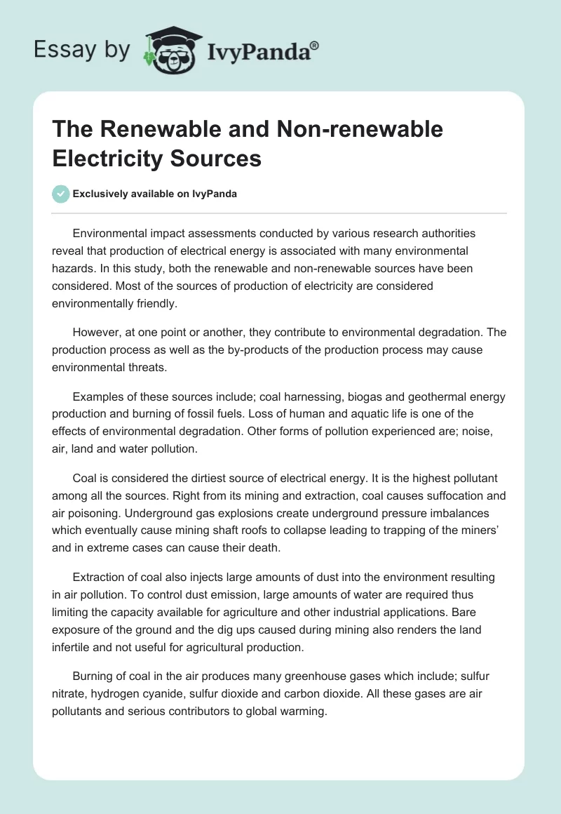 The Renewable and Non-renewable Electricity Sources. Page 1