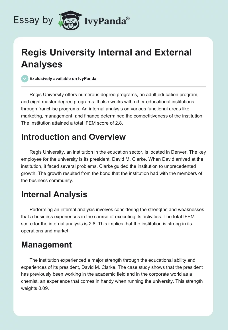 Regis University Internal and External Analyses. Page 1