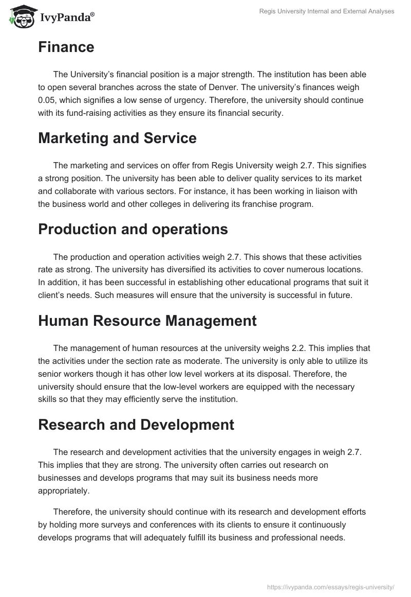Regis University Internal and External Analyses. Page 2
