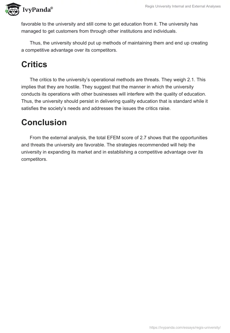 Regis University Internal and External Analyses. Page 5