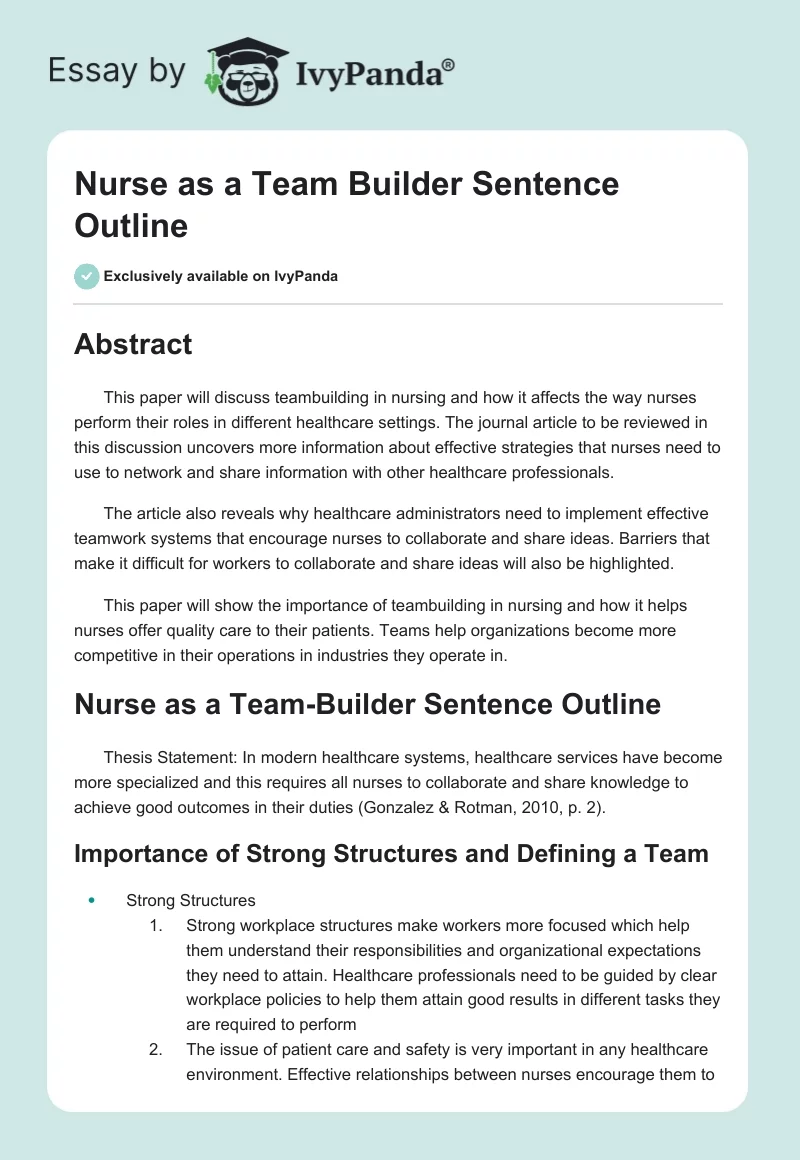 Nurse as a Team Builder Sentence Outline. Page 1