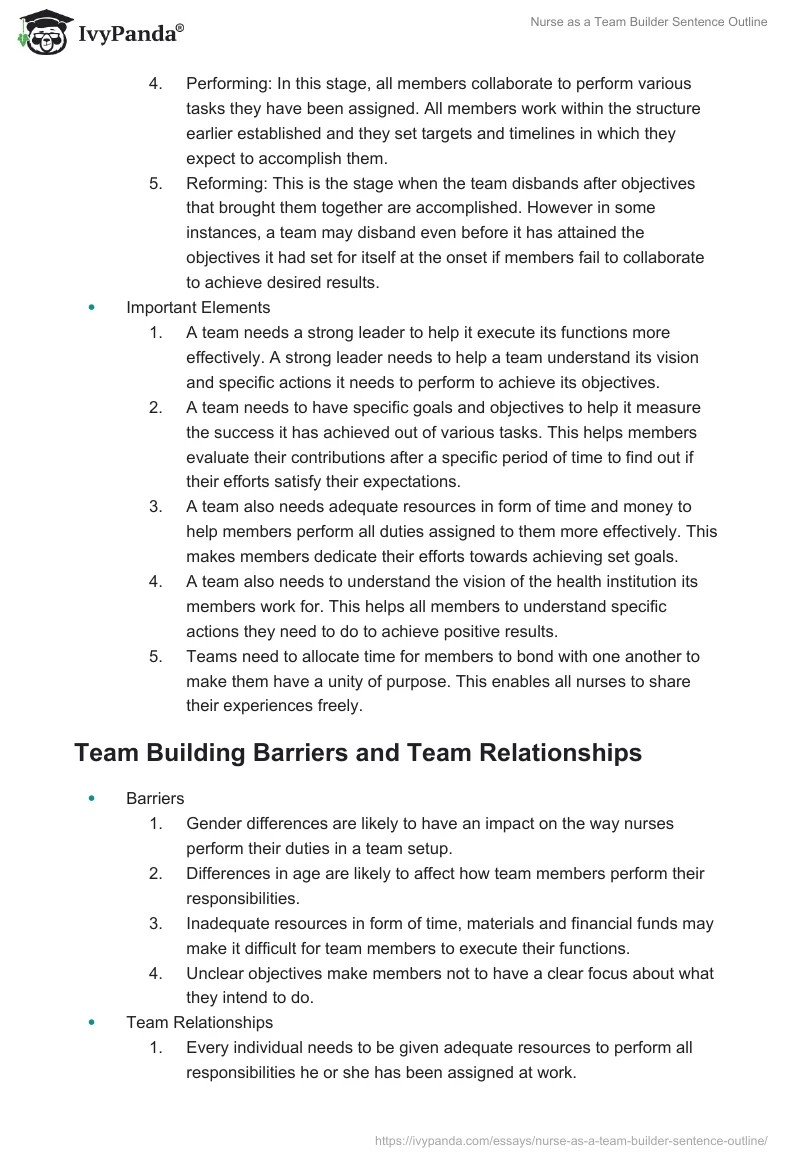 Nurse as a Team Builder Sentence Outline. Page 3