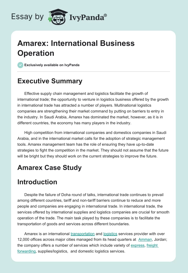 Amarex: International Business Operation. Page 1