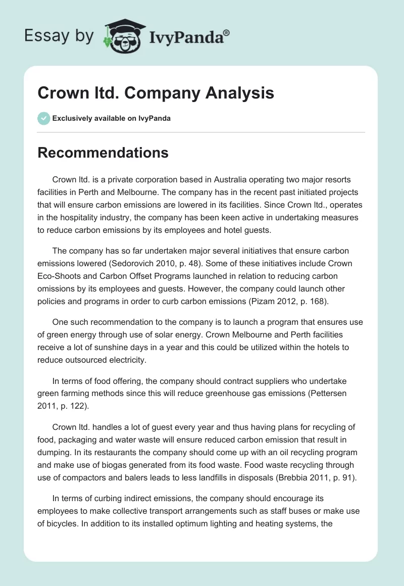 Crown ltd. Company Analysis. Page 1