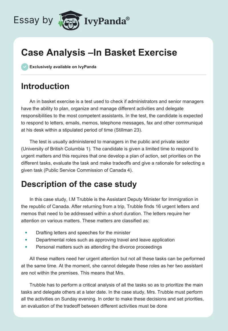 Case Analysis –In Basket Exercise. Page 1