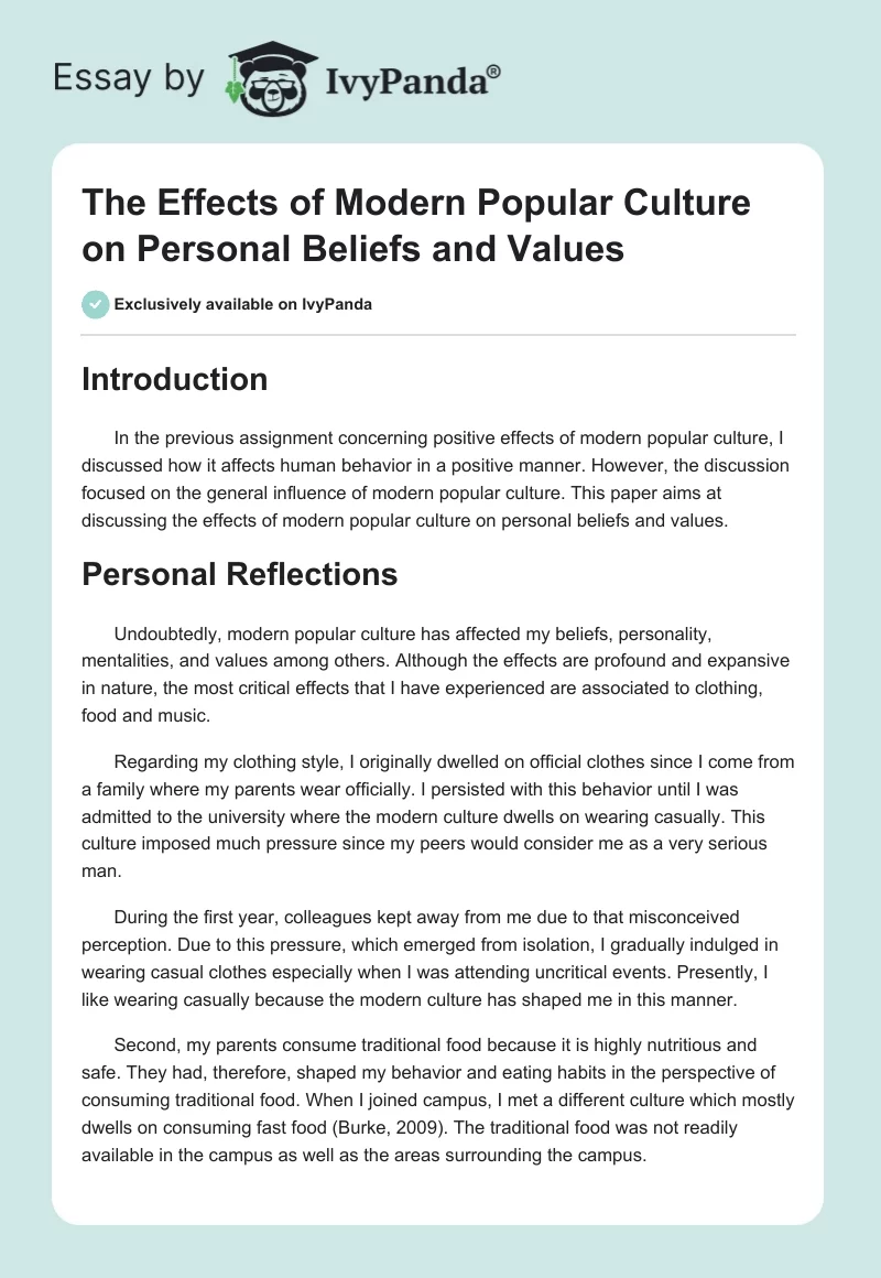 The Effects of Modern Popular Culture on Personal Beliefs and Values. Page 1