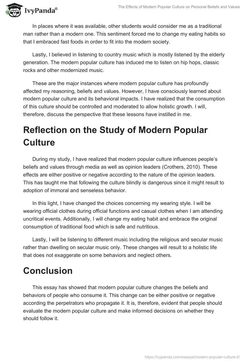 The Effects of Modern Popular Culture on Personal Beliefs and Values. Page 2