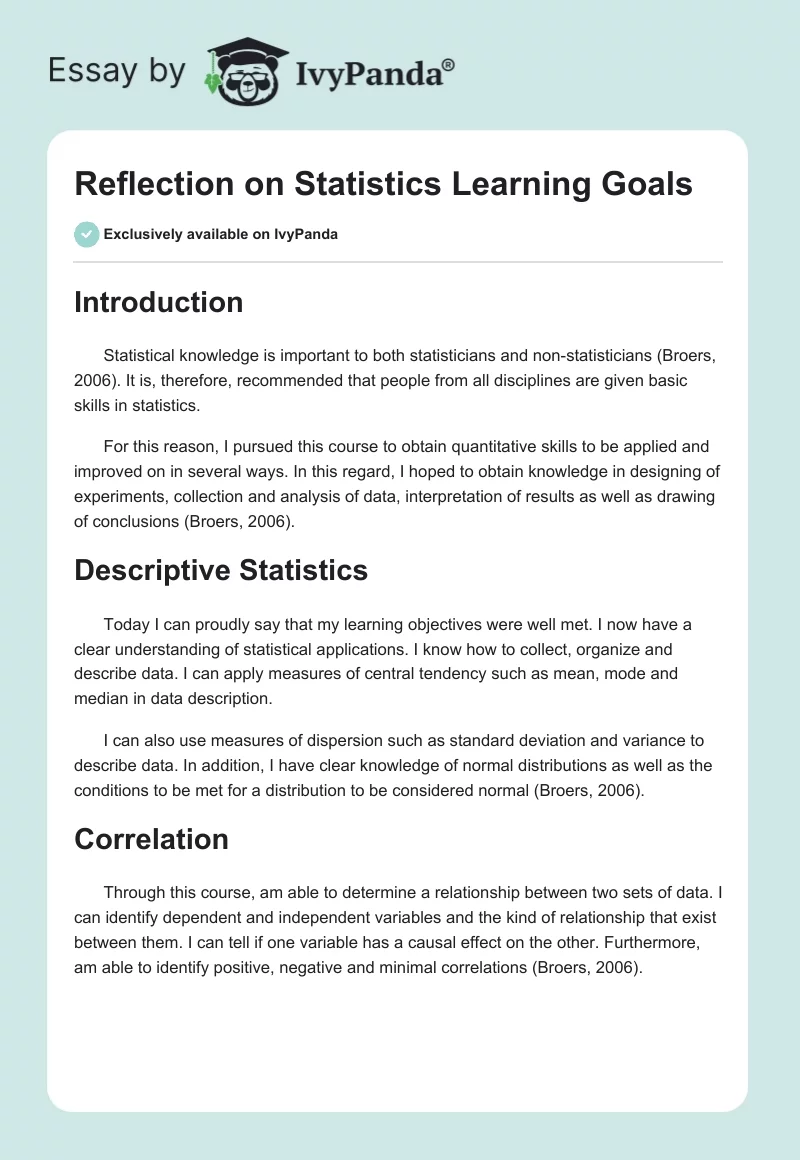Reflection on Statistics Learning Goals. Page 1