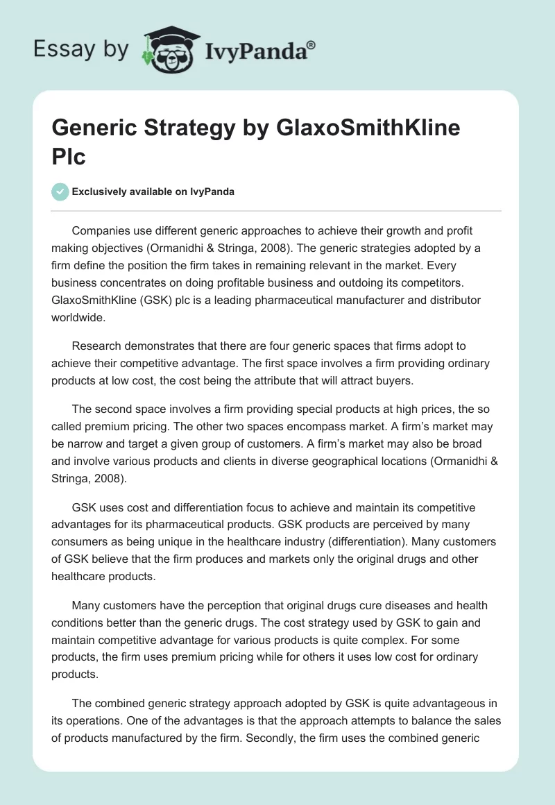 Generic Strategy by GlaxoSmithKline Plc. Page 1