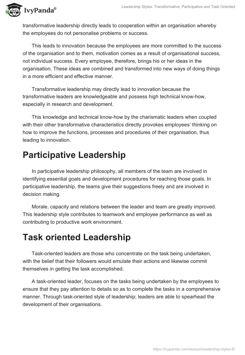 Leadership Styles: Transformative, Participative and Task Oriented. Page 2