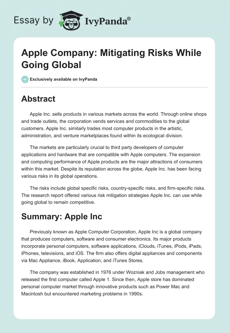 Apple Company: Mitigating Risks While Going Global. Page 1