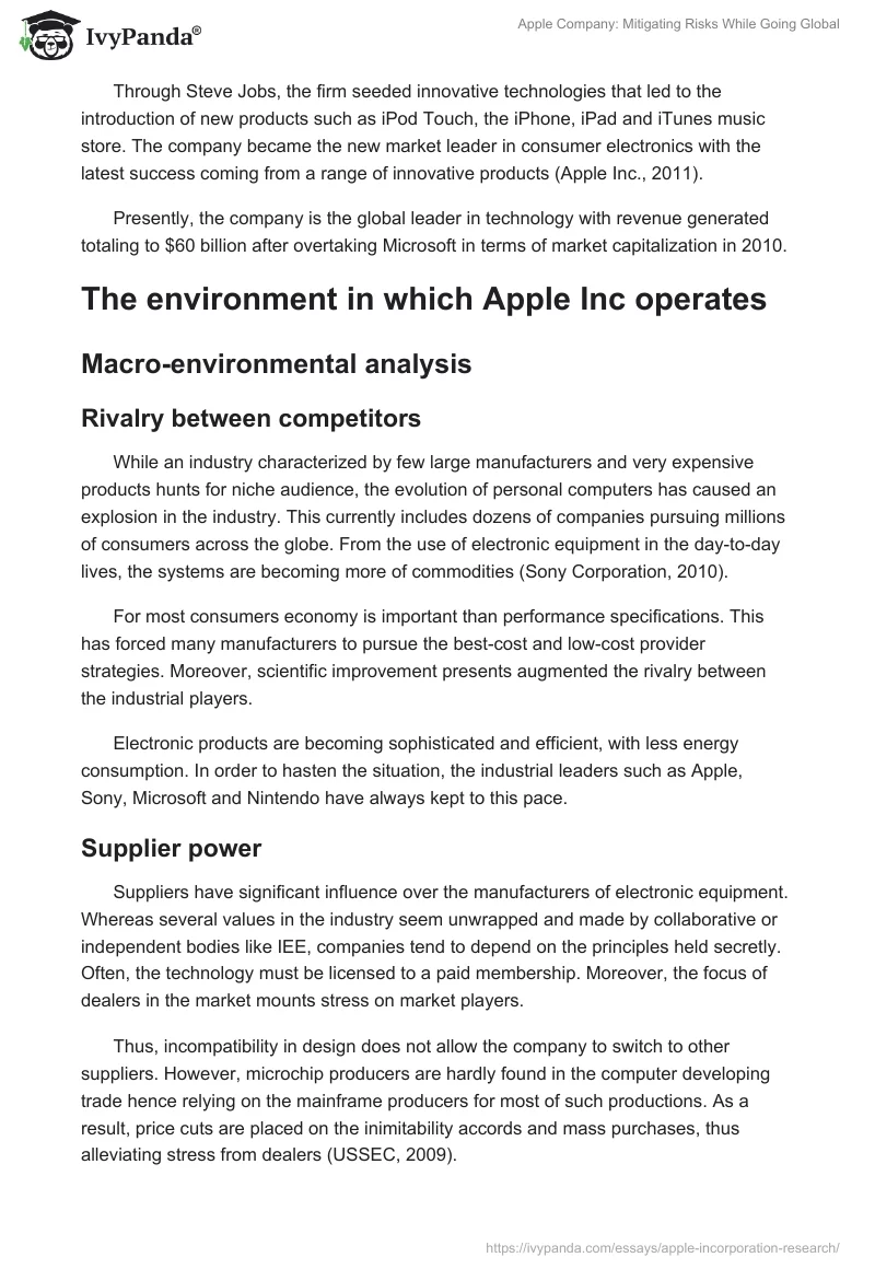 Apple Company: Mitigating Risks While Going Global. Page 2