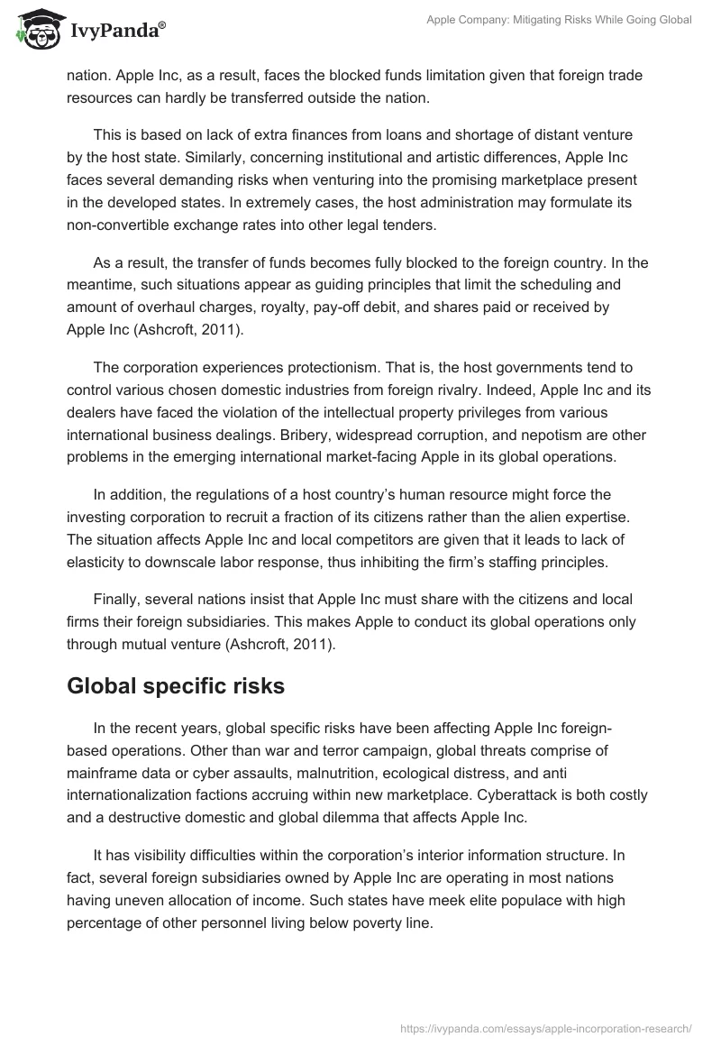 Apple Company: Mitigating Risks While Going Global. Page 5