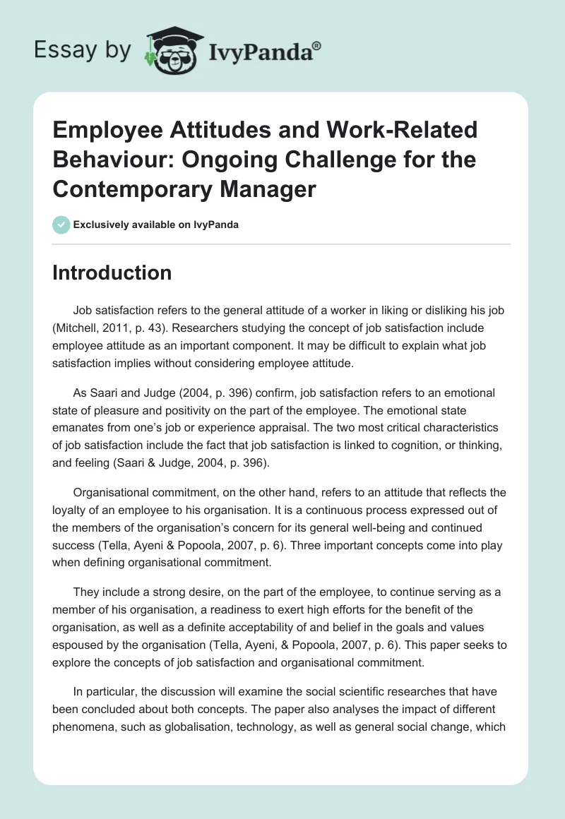 Employee Attitudes and Work-Related Behaviour: Ongoing Challenge for the Contemporary Manager. Page 1