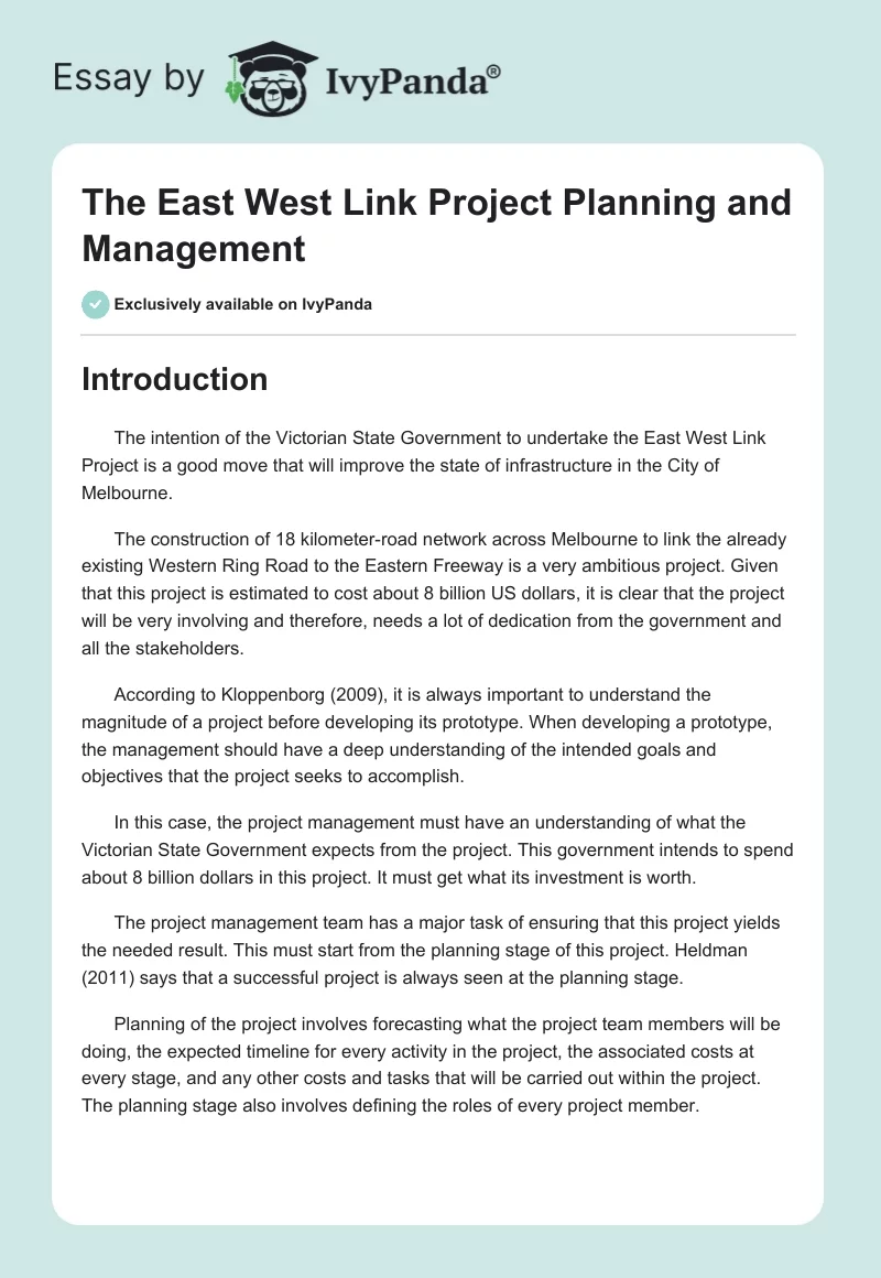 The East West Link Project Planning and Management. Page 1
