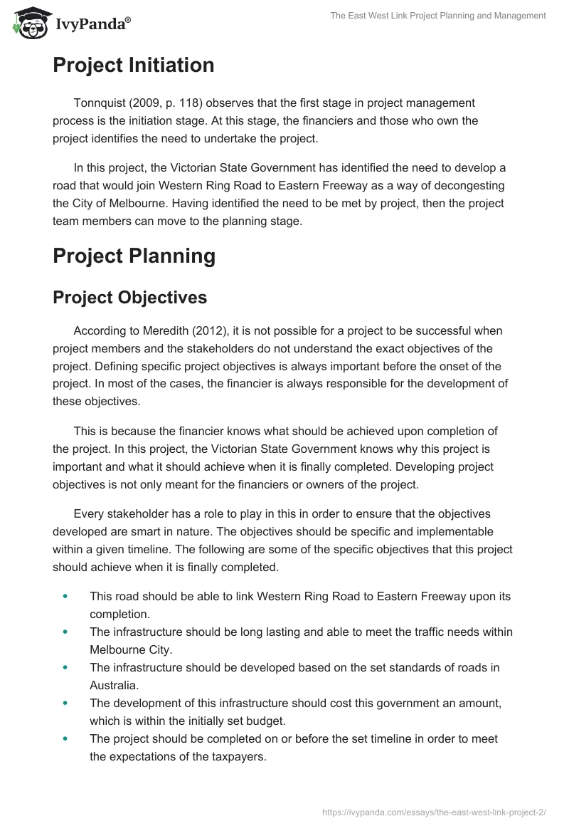 The East West Link Project Planning and Management. Page 2