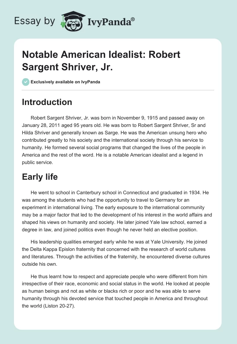 Notable American Idealist: Robert Sargent Shriver, Jr.. Page 1