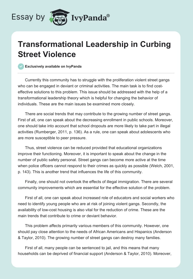 Transformational Leadership in Curbing Street Violence. Page 1