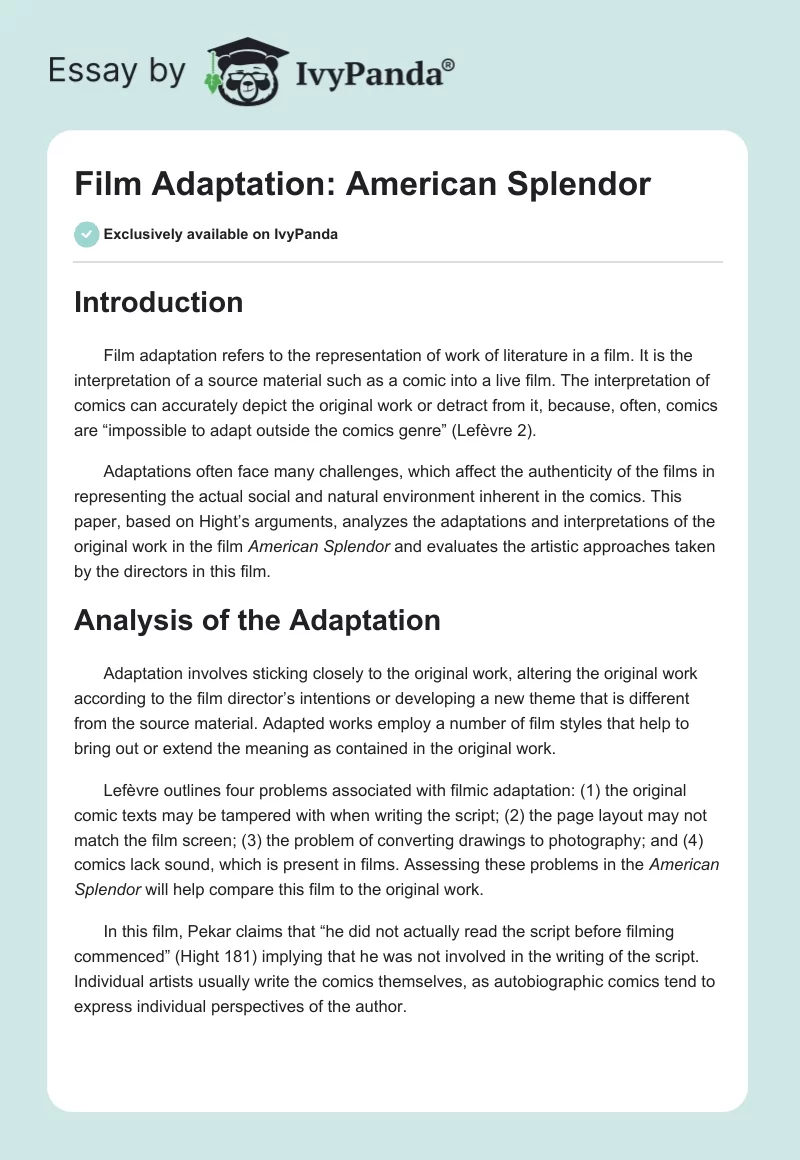 Film Adaptation: American Splendor. Page 1