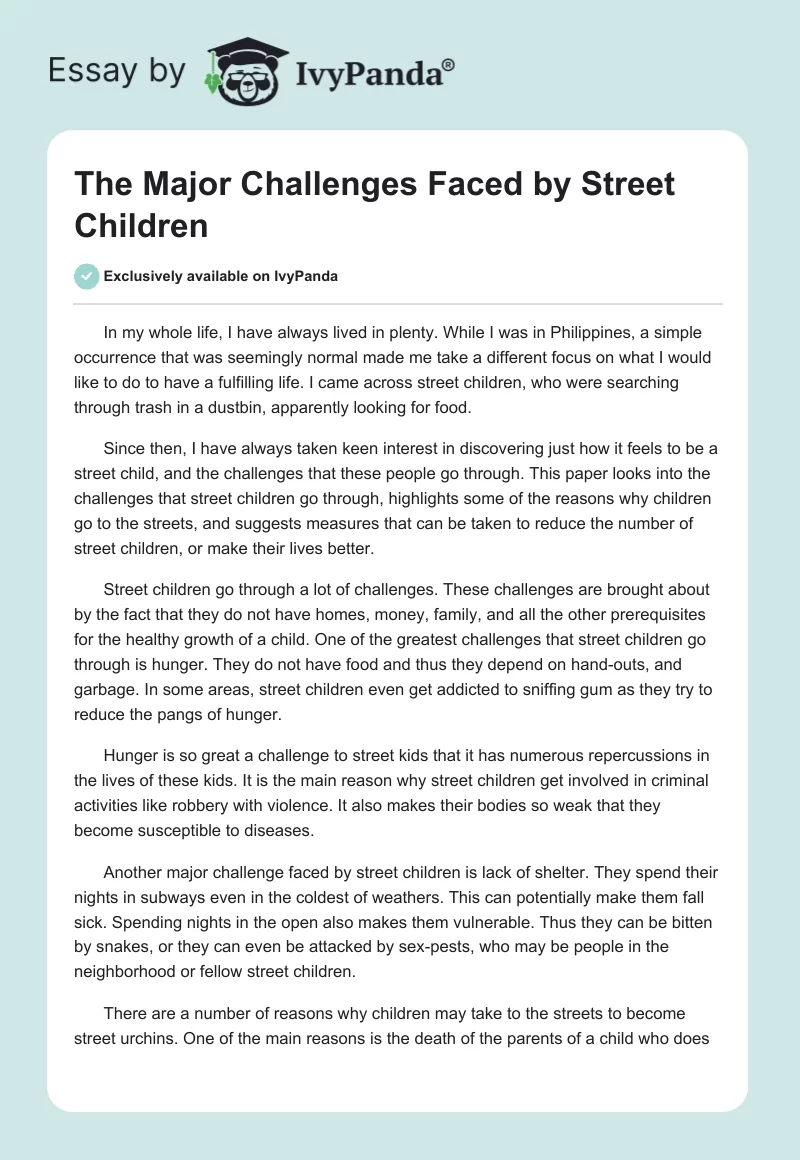The Major Challenges Faced by Street Children. Page 1