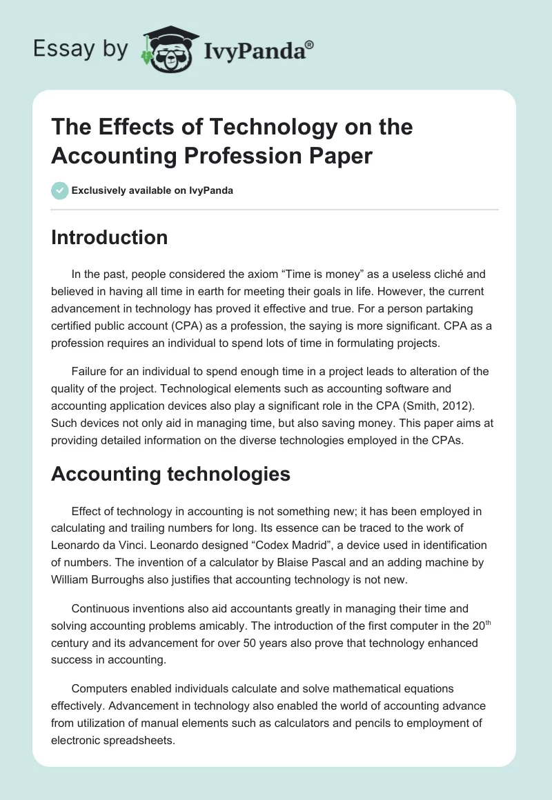 The Effects of Technology on the Accounting Profession Paper. Page 1