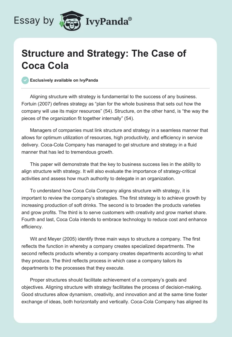 Structure and Strategy: The Case of Coca Cola. Page 1