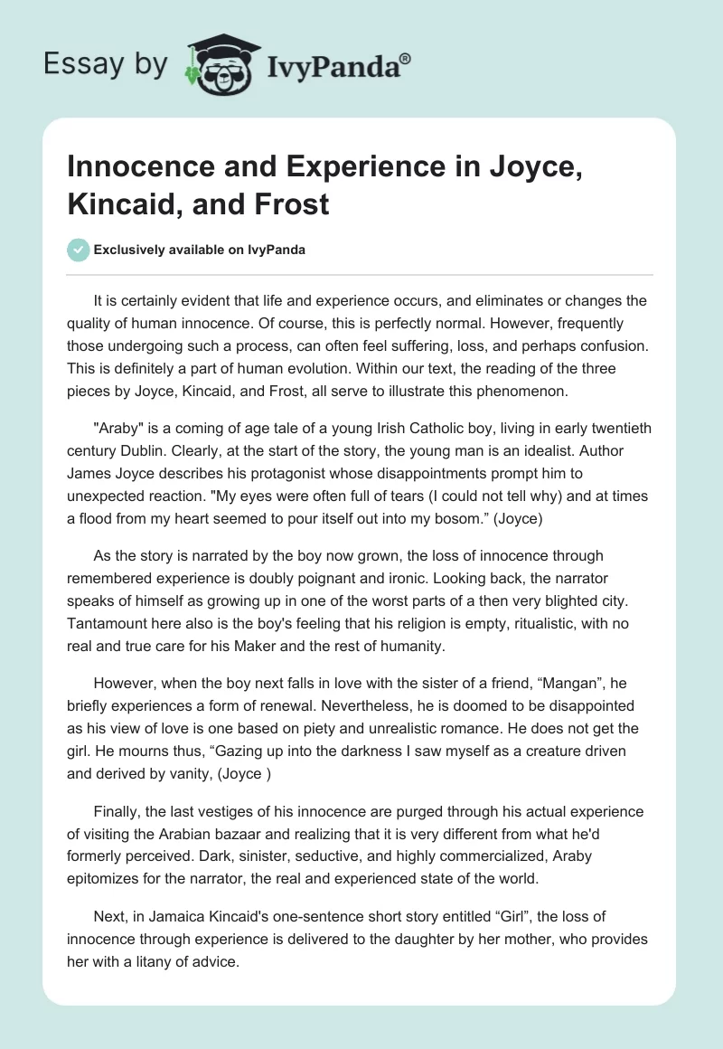Innocence and Experience in Joyce, Kincaid, and Frost. Page 1