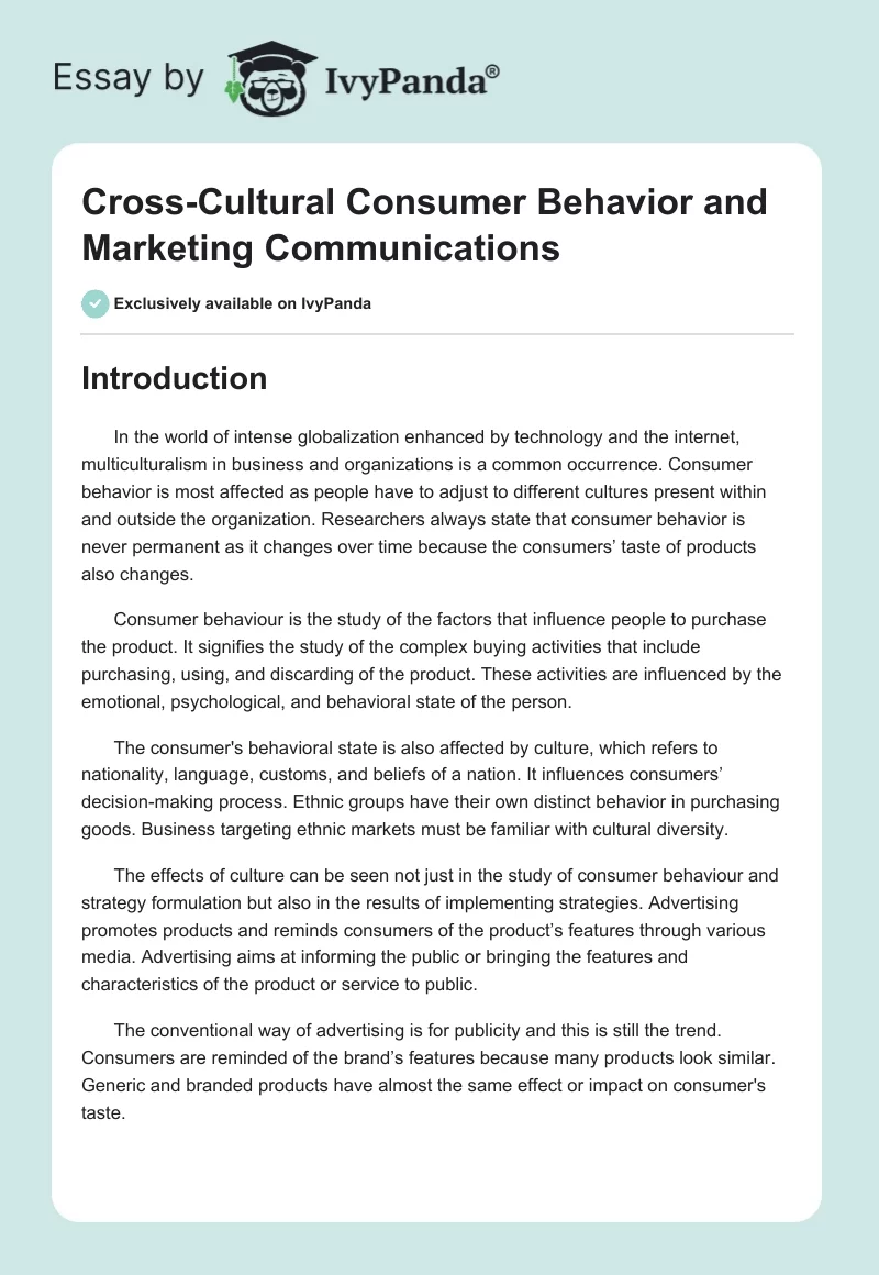 Cross-Cultural Consumer Behavior and Marketing Communications. Page 1