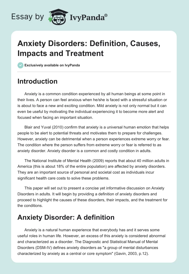 Anxiety Disorders: Definition, Causes, Impacts and Treatment. Page 1