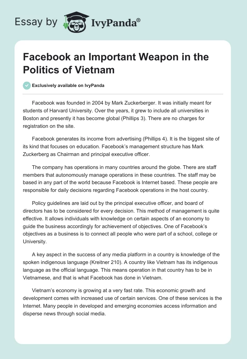 Facebook an Important Weapon in the Politics of Vietnam. Page 1