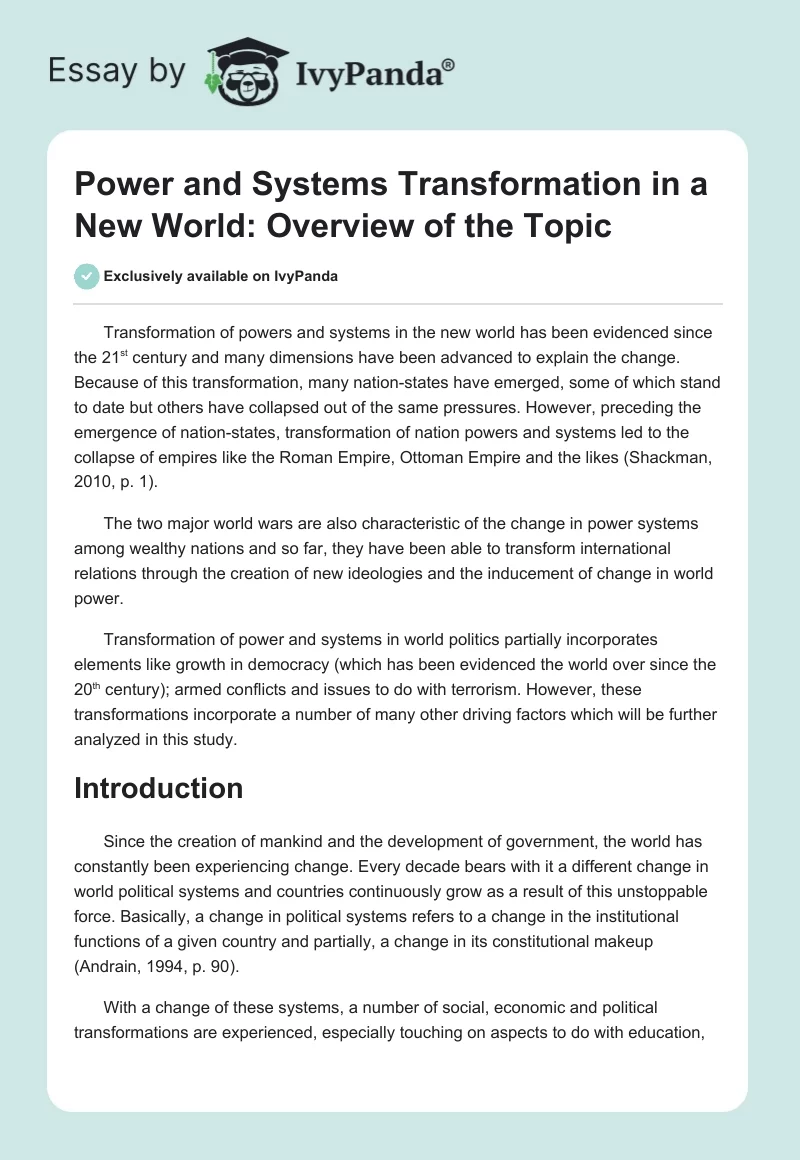 Power and Systems Transformation in a New World: Overview of the Topic. Page 1