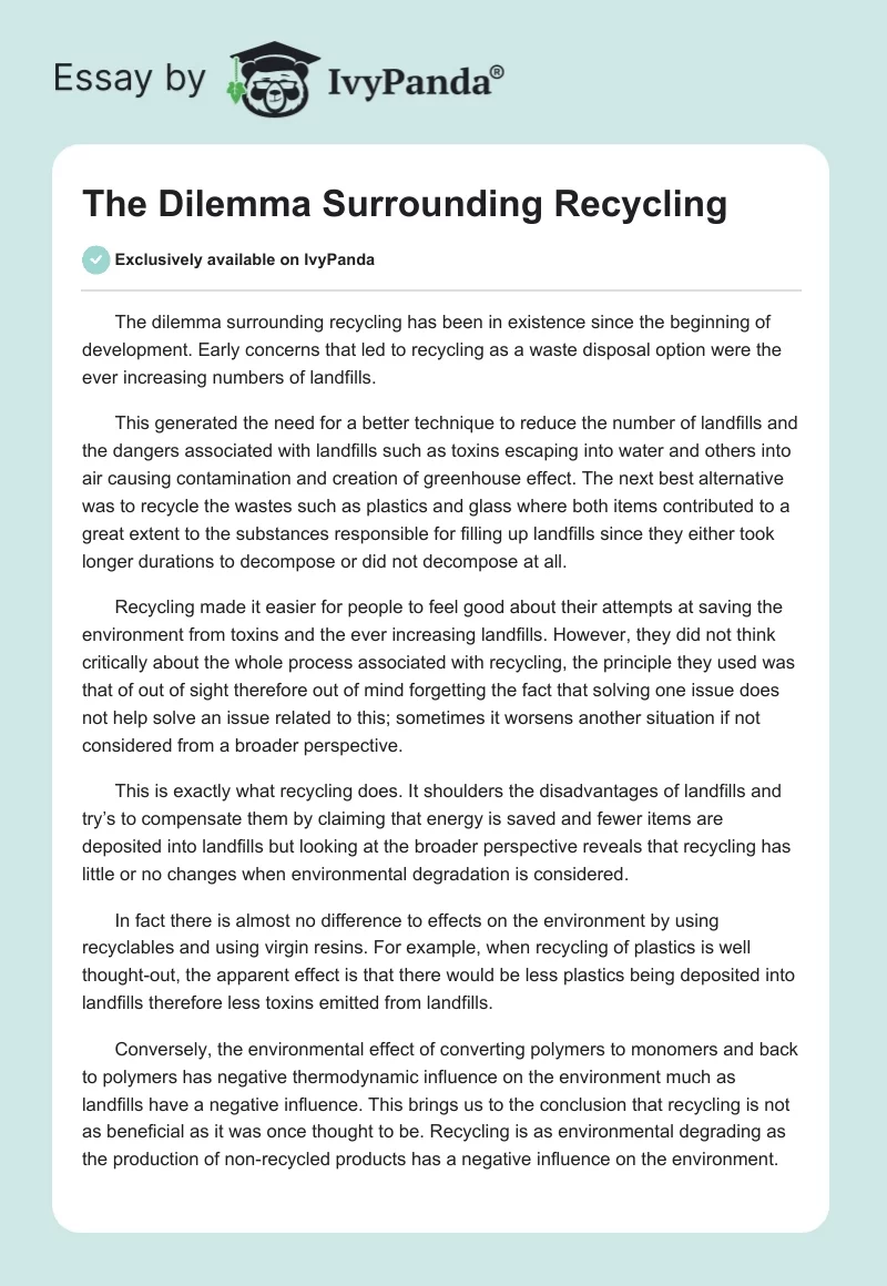 The Dilemma Surrounding Recycling. Page 1