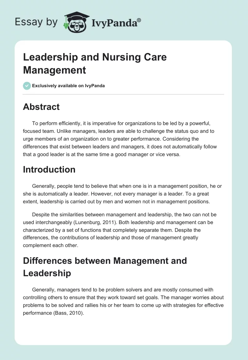 Leadership and Nursing Care Management. Page 1