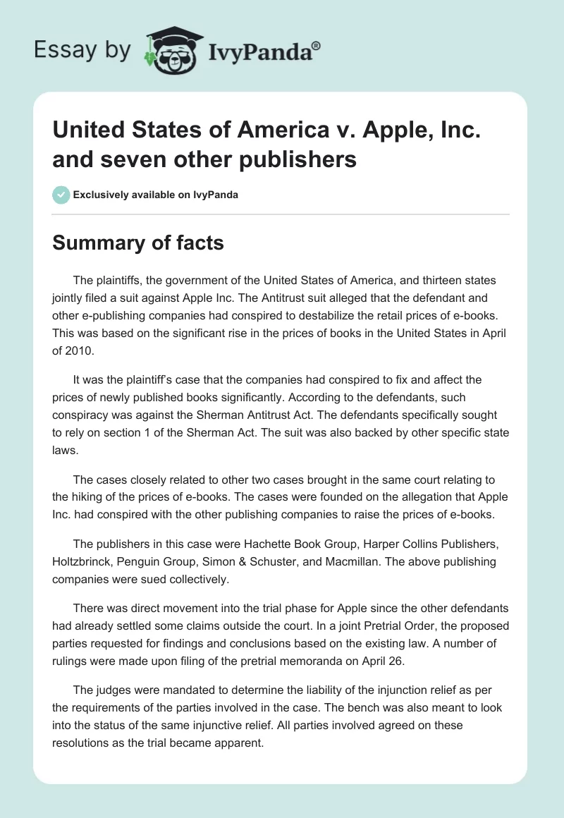 United States of America vs. Apple, Inc. and Seven Other Publishers. Page 1