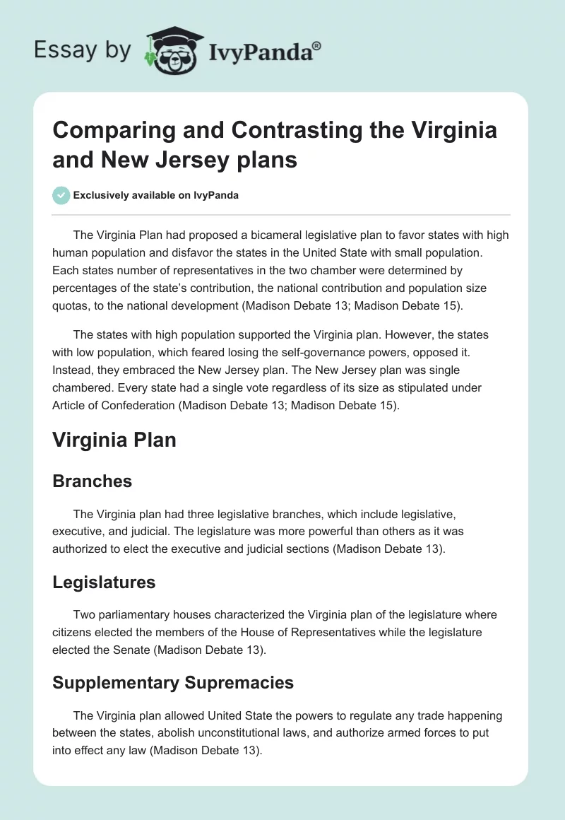 Comparing and Contrasting the Virginia and New Jersey plans. Page 1