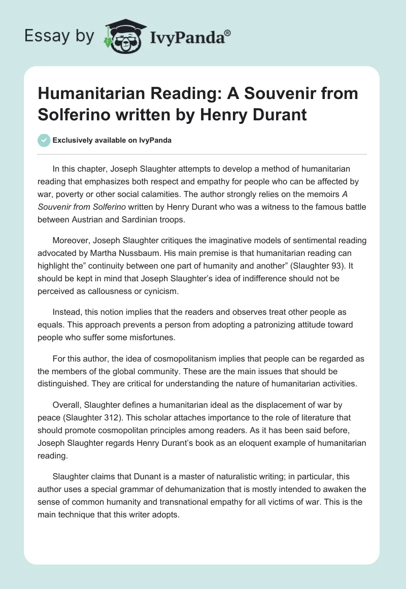 Humanitarian Reading: A Souvenir from Solferino written by Henry Durant. Page 1