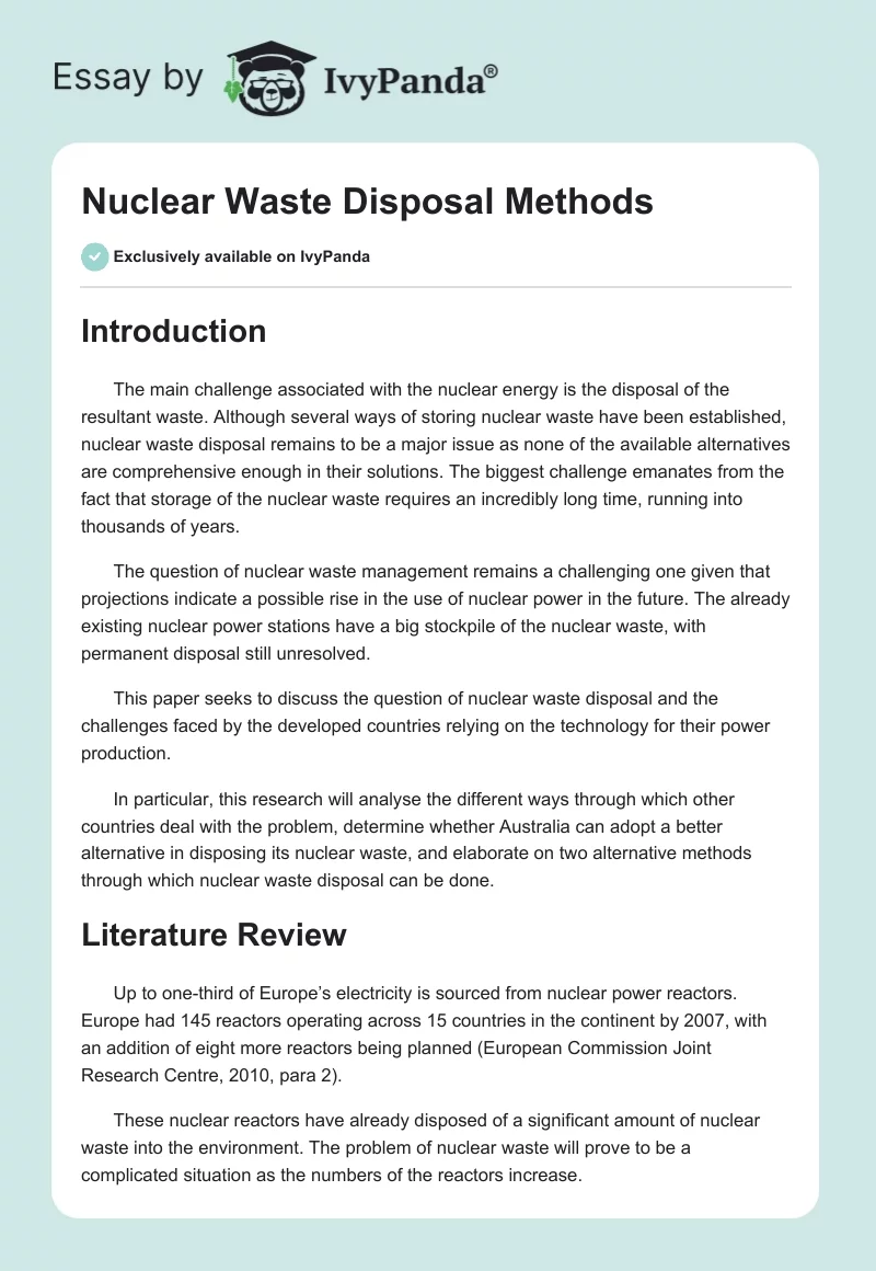 Nuclear Waste Disposal Methods. Page 1