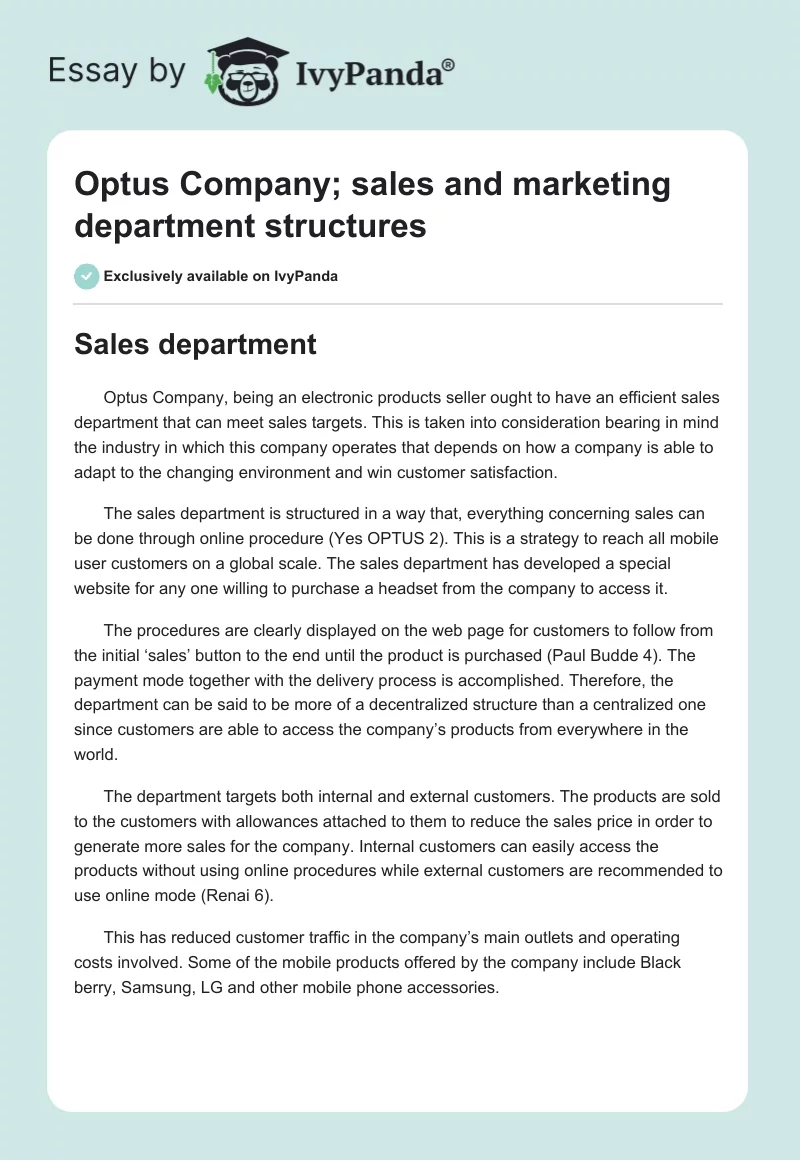 Optus Company; sales and marketing department structures. Page 1