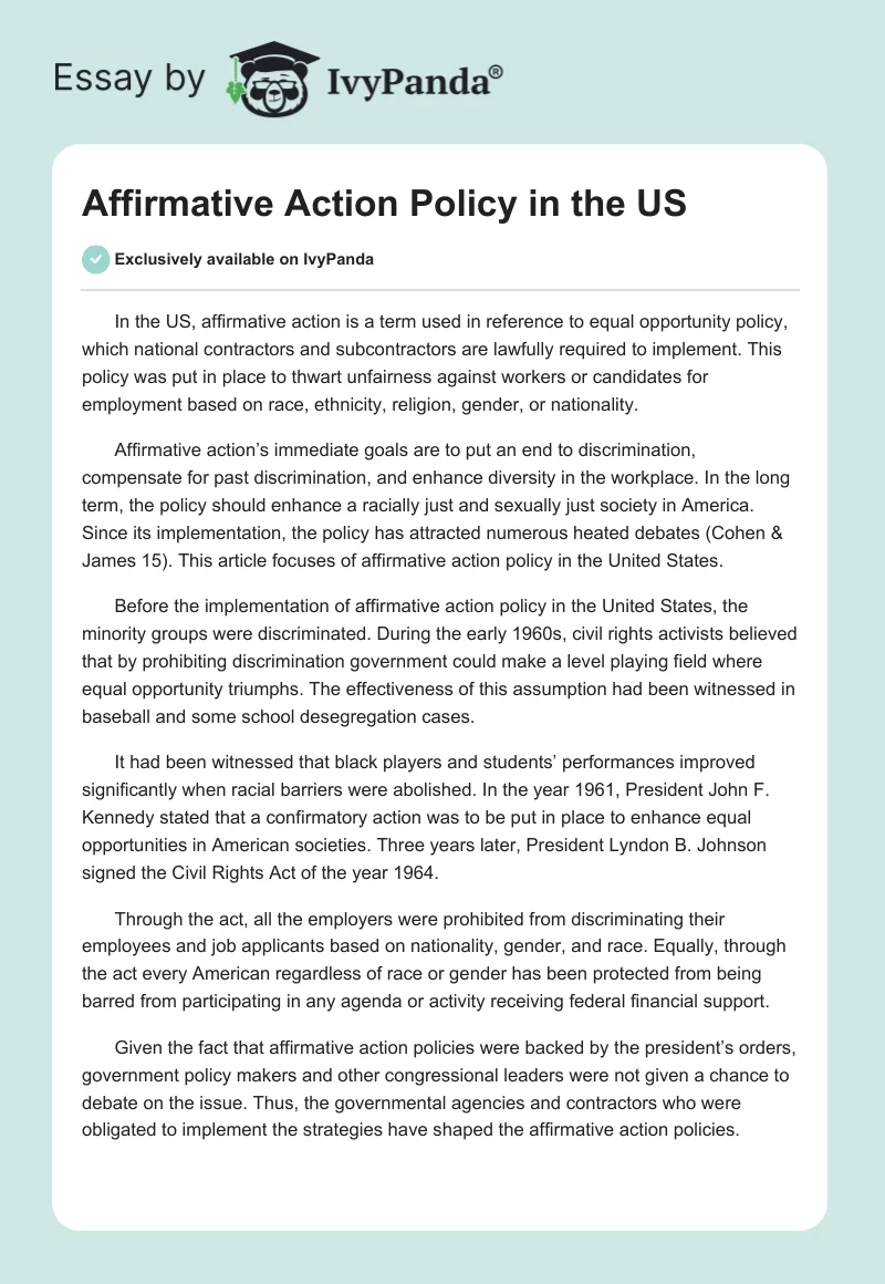 Affirmative Action Policy in the US. Page 1