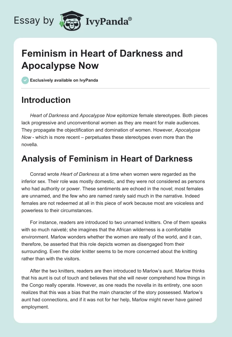 Feminism in "Heart of Darkness" and "Apocalypse Now". Page 1