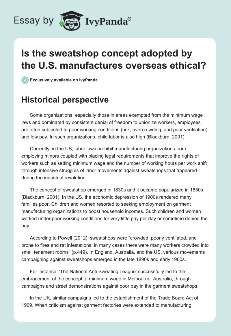 Is the sweatshop concept adopted by the U.S. manufactures overseas ethical?. Page 1